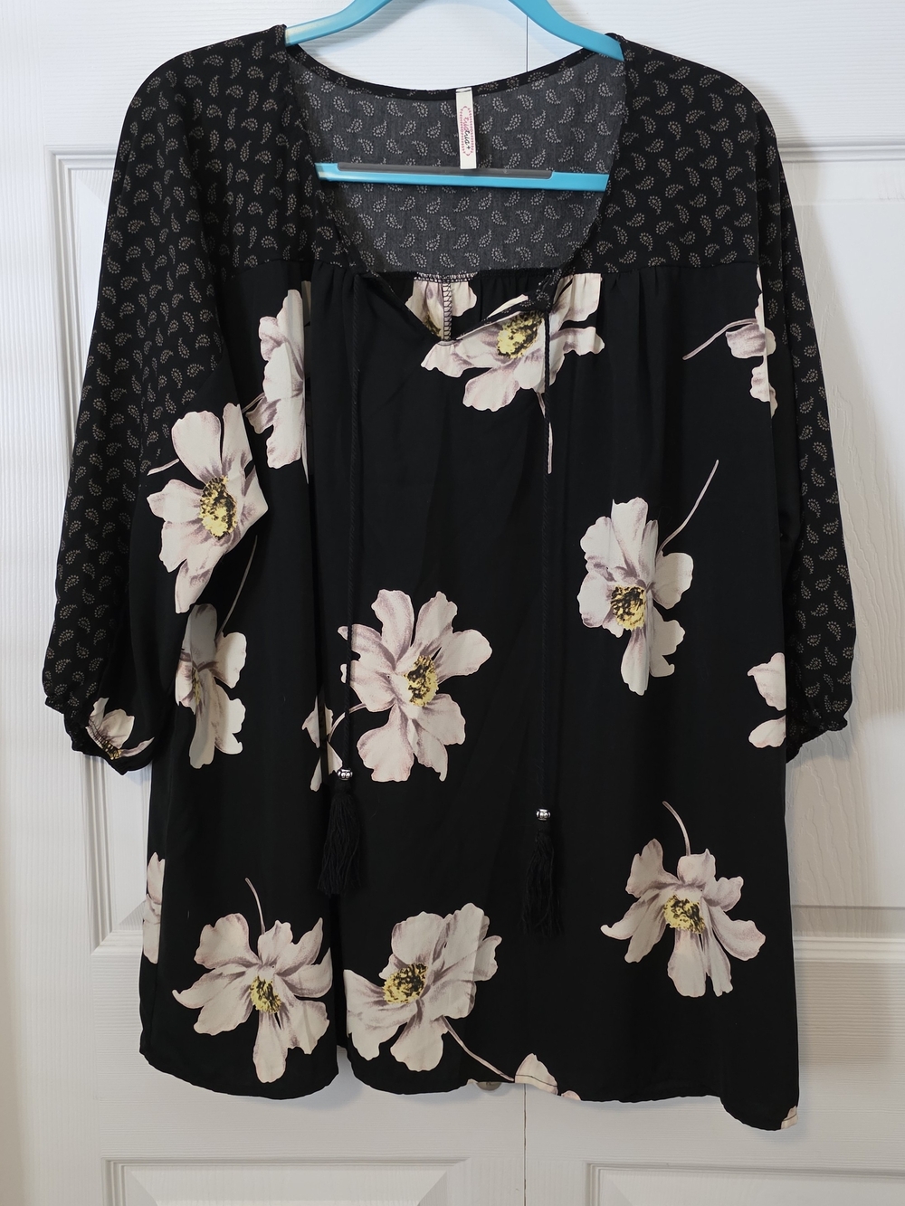 Black Floral Boho Peasant Tunic with Tassel Tie - Picture 1 of 6